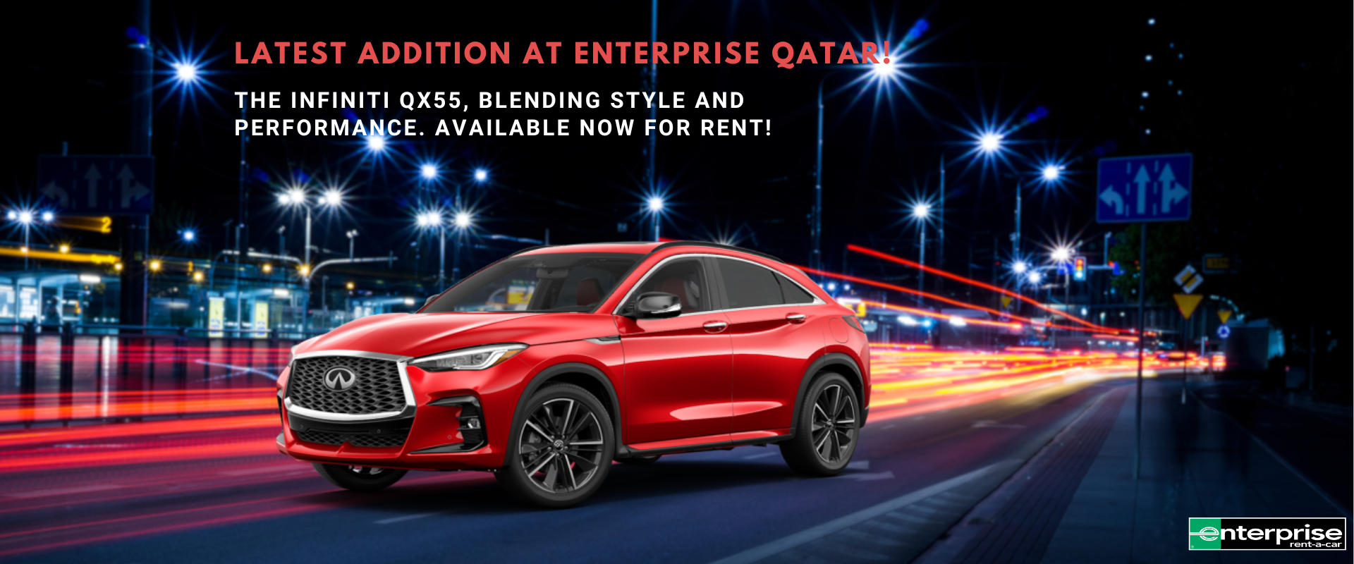 Latest addition in Enterprise Qatar, the Infiniti QX55, blending style and performance. Available now for car rent